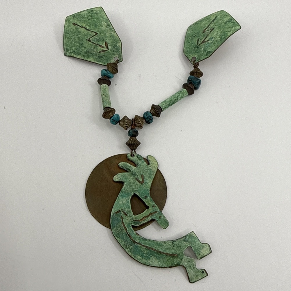 Vtg Native American Kokopelli‎ Brooch Pin Pendant Turquoise Copper? 5" Southwest